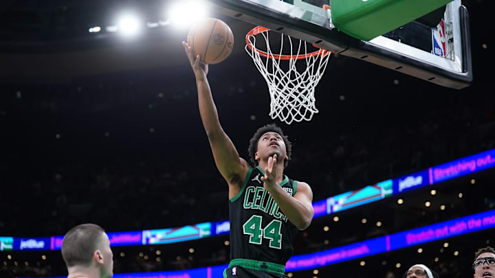 Mar 1, 2024; Boston, Massachusetts, USA; Boston Celtics guard Jaden Springer (44) shoots against the Dallas Mavericks.