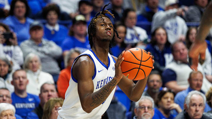 Jan 10, 2026; Lexington, Kentucky, USA; Kentucky Wildcats guard Kam Williams (3) shoots the ball during the second half against the Mississippi State Bulldogs at Rupp Arena at Central Bank Center. Mandatory Credit: Jordan Prather-Imagn Images