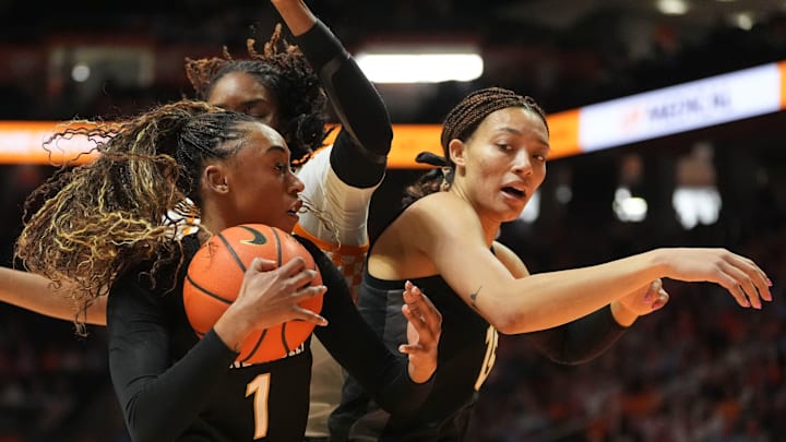 Vanderbilt’s Vanderbilt guard Mikayla Blakes (1) gets the rebound while backed up by Ndjakalenga Mwenentanda (15) during an NCAA college basketball game Tennessee on Mar. 1, 2026, in Knoxville, Tennessee. Vanderbilt’s Vanderbilt guard Mikayla Blakes (1) gets the rebound while backed up by Ndjakalenga Mwenentanda (15) during an NCAA college basketball game Tennessee on Mar. 1, 2026, in Knoxville, Tennessee.