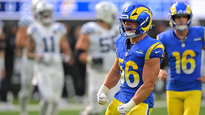 Sep 28, 2025; Inglewood, California, USA; Los Angeles Rams linebacker Shaun Dolac (56) celebrates after forcing the Indianapolis Colts to punt in the fourth quarter at SoFi Stadium. Mandatory Credit: Jayne Kamin-Oncea-Imagn Images