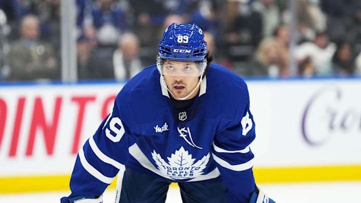 Oct 12, 2024; Toronto, Ontario, CAN; Toronto Maple Leafs left wing Nicholas Robertson (89) gets ready for the faceoff against the Pittsburgh Penguins during the first period at Scotiabank Arena. Mandatory Credit: Nick Turchiaro-Imagn Images