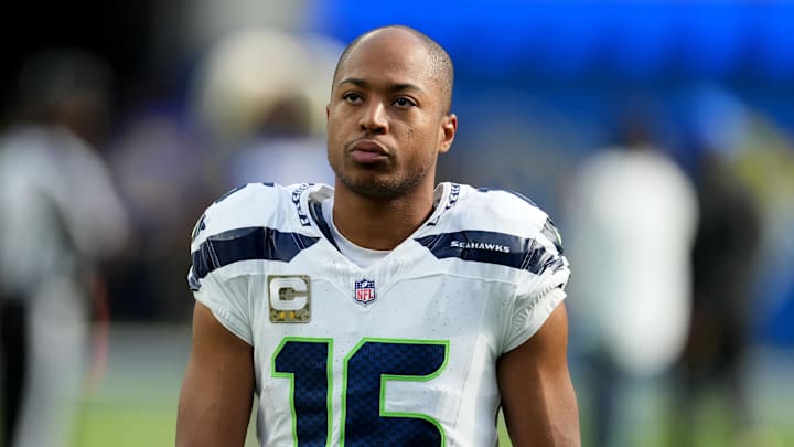 Nov 19, 2023; Inglewood, California, USA; Seattle Seahawks wide receiver Tyler Lockett (16) looks on before the game against the Los Angeles Rams at SoFi Stadium. Mandatory Credit: Kirby Lee-Imagn Images