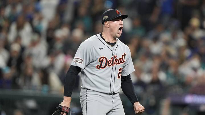 Oct 10, 2025; Seattle, Washington, USA; Detroit Tigers starting pitcher Tarik Skubal (29) reacts after striking out Seattle Mariners catcher Cal Raleigh (not pictured) during the sixth inning during game five of the ALDS round for the 2025 MLB playoffs at T-Mobile Park. Mandatory Credit: Stephen Brashear-Imagn Images