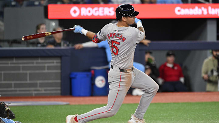 Boston Red Sox second baseman Vaughn Grissom (5) hits a single against the Toronto Blue Jays in the eighth inning at Rogers Centre in 2024. Boston Red Sox second baseman Vaughn Grissom (5) hits a single against the Toronto Blue Jays in the eighth inning at Rogers Centre in 2024.