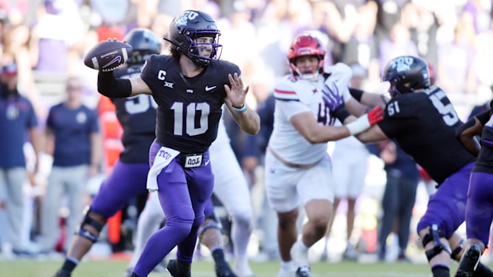 Nov 23, 2024; Fort Worth, Texas, USA; TCU Horned Frogs quarterback Josh Hoover (10) throws a pass against the Arizona Wildcats in the second quarter at Amon G. Carter Stadium. Mandatory Credit: Tim Heitman-Imagn Images Nov 23, 2024; Fort Worth, Texas, USA; TCU Horned Frogs quarterback Josh Hoover (10) throws a pass against the Arizona Wildcats in the second quarter at Amon G. Carter Stadium. Mandatory Credit: Tim Heitman-Imagn Images