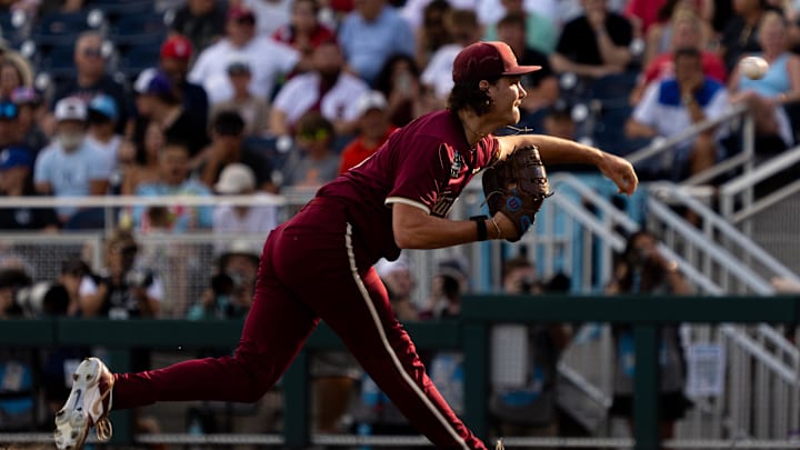 Florida State Seminoles starting pitcher Jamie Arnold (16) pitches against the Tennessee Volunteers during the first inning at Charles Schwab Field Omaha in 2024.