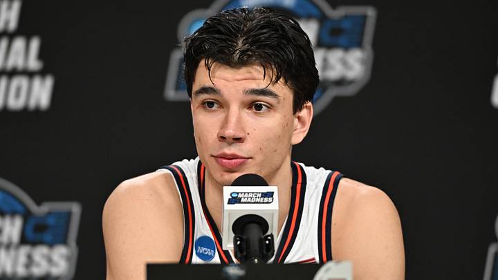 Mar 28, 2026; Houston, TX, USA; Illinois Fighting Illini guard Andrej Stojakovic (2) speaks in a press conference after defeating the Iowa Hawkeyes in an Elite Eight game of the South Regional of the men's 2026 NCAA Tournament at Toyota Center. Mandatory Credit: Maria Lysaker-Imagn Images