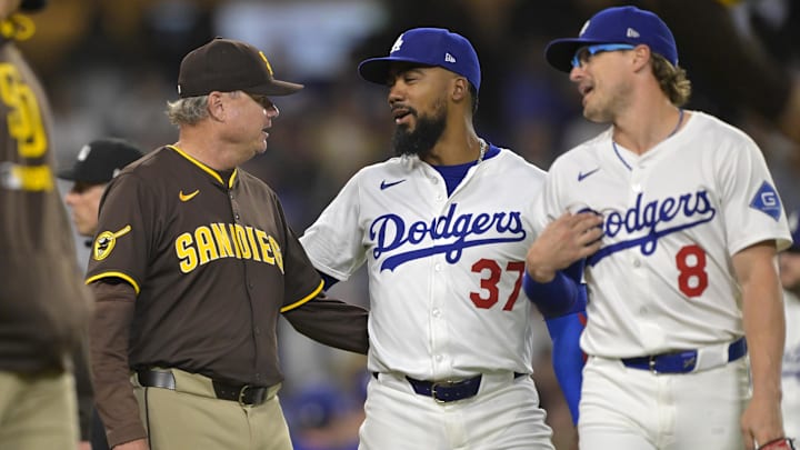 Jun 19, 2025; San Diego Padres manager Mike Shildt (8) talks with Los Angeles Dodgers right fielder Teoscar Hernandez (37) and first baseman Enrique Hernandez (8) as play is about to resume after benches cleared in the eighth inning at Dodger Stadium. Mandatory Credit: Jayne Kamin-Oncea-Imagn Images