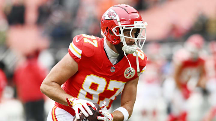 Dec 15, 2024; Cleveland, Ohio, USA; Kansas City Chiefs tight end Travis Kelce (87) warms up before the game between the Cleveland Browns and the Chiefs at Huntington Bank Field.