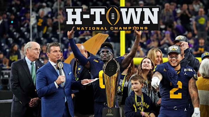 Jan 8, 2024; Houston, TX, USA; Michigan Wolverines defensive back Mike Sainristil (0) celebrates Michigan's National Championship win.