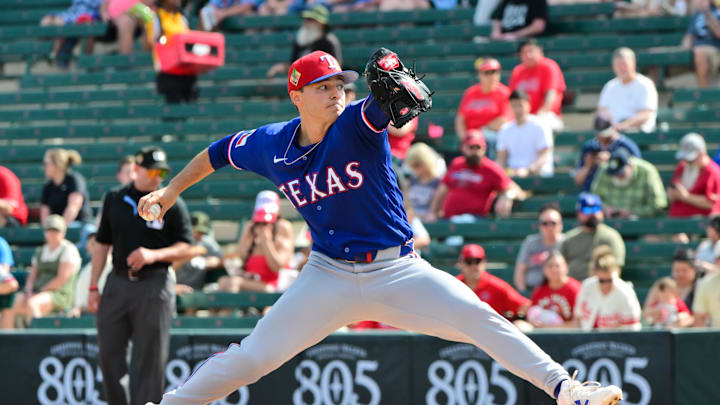 Texas Rangers pitcher Jack Leiter throws. Texas Rangers pitcher Jack Leiter throws.
