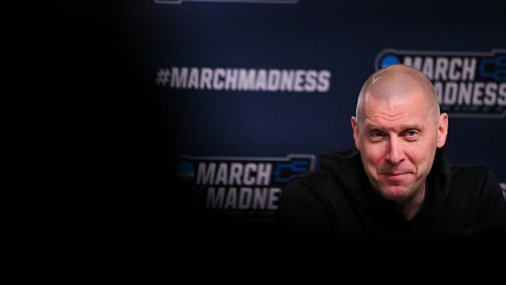 Mar 19, 2026; St. Louis, MO, USA; Kentucky Wildcats head coach Mark Pope talks with the media during a practice session ahead of the first round of the men's 2026 NCAA Tournament at Enterprise Center. Mandatory Credit: Jeff Curry-Imagn Images