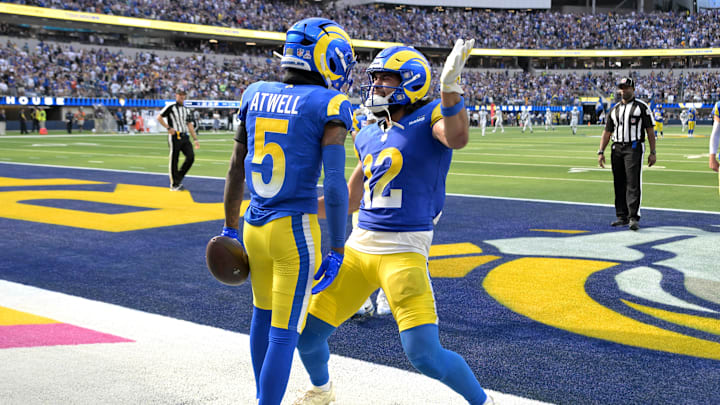 Sep 28, 2025; Inglewood, California, USA; Los Angeles Rams wide receiver Tutu Atwell (5) is congratulated by wide receiver Puka Nacua (12) after he ran for a touchdown on an 88-yard pass play in the fourth quarter against the Indianapolis Colts at SoFi Stadium. Mandatory Credit: Jayne Kamin-Oncea-Imagn Images Sep 28, 2025; Inglewood, California, USA; Los Angeles Rams wide receiver Tutu Atwell (5) is congratulated by wide receiver Puka Nacua (12) after he ran for a touchdown on an 88-yard pass play in the fourth quarter against the Indianapolis Colts at SoFi Stadium. Mandatory Credit: Jayne Kamin-Oncea-Imagn Images