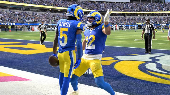 Sep 28, 2025; Inglewood, California, USA; Los Angeles Rams wide receiver Tutu Atwell (5) is congratulated by wide receiver Puka Nacua (12) after he ran for a touchdown on an 88-yard pass play in the fourth quarter against the Indianapolis Colts at SoFi Stadium. Mandatory Credit: Jayne Kamin-Oncea-Imagn Images Sep 28, 2025; Inglewood, California, USA; Los Angeles Rams wide receiver Tutu Atwell (5) is congratulated by wide receiver Puka Nacua (12) after he ran for a touchdown on an 88-yard pass play in the fourth quarter against the Indianapolis Colts at SoFi Stadium. Mandatory Credit: Jayne Kamin-Oncea-Imagn Images