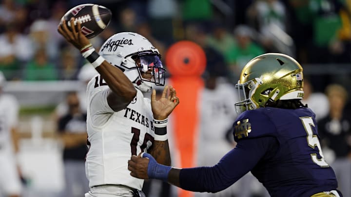 Sep 13, 2025; South Bend, Indiana, USA; Texas A&M Aggies quarterback Marcel Reed (10) looks to make a pass during the first half against the Notre Dame Fighting Irish at Notre Dame Stadium. Mandatory Credit: Michael Caterina-Imagn Images