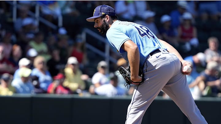 Mar 1, 2023; North Port, Florida, USA; Tampa Bay Rays relief pitcher Ben Heller throws a pitch