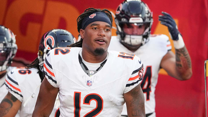 Aug 22, 2024; Kansas City, Missouri, USA; Chicago Bears wide receiver Velus Jones Jr. (12) runs onto the field against the Kansas City Chiefs prior to a game at GEHA Field at Arrowhead Stadium. Mandatory Credit: Denny Medley-Imagn Images