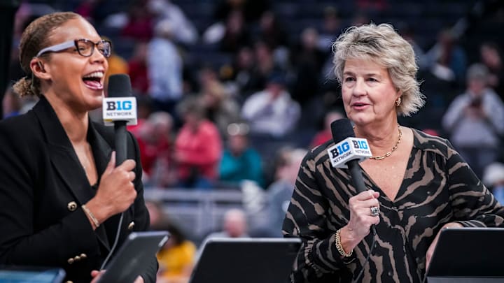 Former Iowa head coach Lisa Bluder talks on Big Ten Network on Friday, March 7, 2025, in a quarterfinals game at the 2025 TIAA Big Ten Women's Basketball Tournament between the Iowa Hawkeyes and the Ohio State Buckeyes at Gainbridge Fieldhouse in Indianapolis. The Buckeyes defeated the Hawkeyes, 60-59. Former Iowa head coach Lisa Bluder talks on Big Ten Network on Friday, March 7, 2025, in a quarterfinals game at the 2025 TIAA Big Ten Women's Basketball Tournament between the Iowa Hawkeyes and the Ohio State Buckeyes at Gainbridge Fieldhouse in Indianapolis. The Buckeyes defeated the Hawkeyes, 60-59.