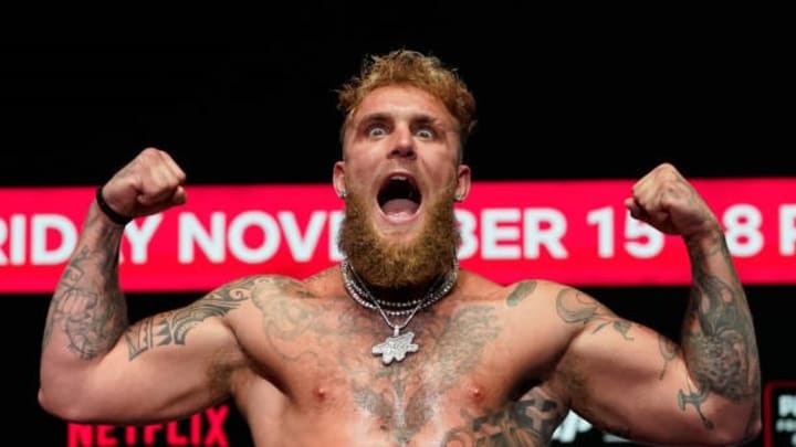 Jake Paul gestures during his weigh-in ahead of his heavyweight boxing match against Former US heavyweight boxing champion Mike Tyson in Texas, on November 14, 2024. He is now eyeing a face off with IBF champion Daniel Dubois