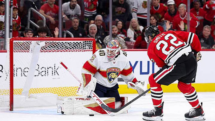 CHICAGO, ILLINOIS - OCTOBER 25: Cole Smith #22 of the Chicago Blackhawks shoots the puck during the third period of a game Akira Schmid #40 of the Florida Panthers at United Center on October 25, 2026 in Chicago, Illinois. (Photo by Michael Hirschuber/NHLI via Getty Images) CHICAGO, ILLINOIS - OCTOBER 25: Cole Smith #22 of the Chicago Blackhawks shoots the puck during the third period of a game Akira Schmid #40 of the Florida Panthers at United Center on October 25, 2026 in Chicago, Illinois. (Photo by Michael Hirschuber/NHLI via Getty Images)