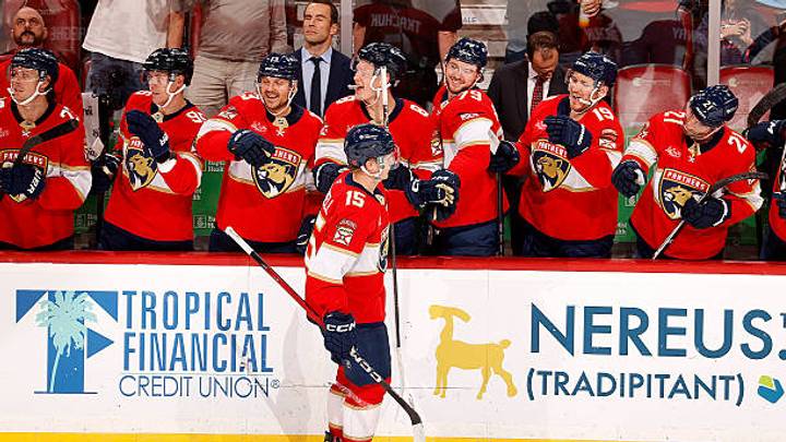 SUNRISE, FLORIDA - OCTOBER 30: Anton Lundell #15 of the Florida Panthers celebrates his goal with teammates during the third period against the Winnipeg Jets at the Amerant Bank Arena on October 30, 2026 in Sunrise, Florida. (Photo by Eliot J. Schechter/NHLI via Getty Images) SUNRISE, FLORIDA - OCTOBER 30: Anton Lundell #15 of the Florida Panthers celebrates his goal with teammates during the third period against the Winnipeg Jets at the Amerant Bank Arena on October 30, 2026 in Sunrise, Florida. (Photo by Eliot J. Schechter/NHLI via Getty Images)