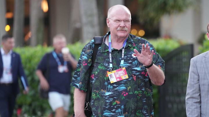 Mar 31, 2025; Palm Beach, FL, USA;  Kansas City Chiefs head coach Andy Reid attends the NFL Annual League Meeting at The Breakers. Mandatory Credit: Jim Rassol-Imagn Images