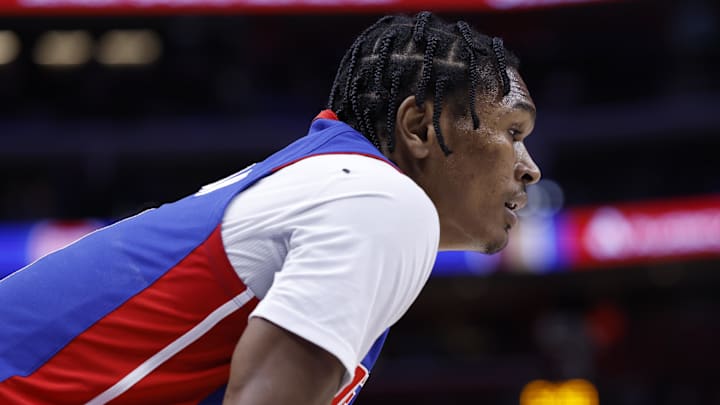 Mar 28, 2025; Detroit, Michigan, USA; Detroit Pistons forward Ausar Thompson (9) looks on in the first half against the Cleveland Cavaliers at Little Caesars Arena. Mandatory Credit: Rick Osentoski-Imagn Images Mar 28, 2025; Detroit, Michigan, USA; Detroit Pistons forward Ausar Thompson (9) looks on in the first half against the Cleveland Cavaliers at Little Caesars Arena. Mandatory Credit: Rick Osentoski-Imagn Images