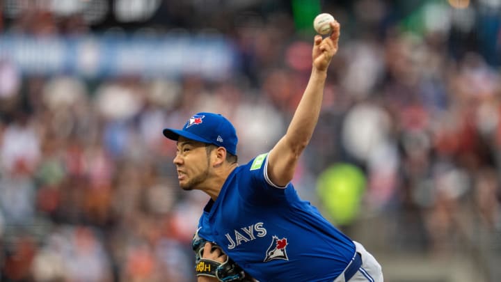 Toronto Blue Jays starting pitcher Yusei Kikuchi (16) delivers a pitch against the San Francisco Giants during the first inning at Oracle Park on July 9.