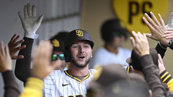Apr 2, 2025; San Diego, California, USA; San Diego Padres center fielder Jackson Merrill (3) celebrates after hitting a two-run home run during the fourth inning the Cleveland Guardians at Petco Park. Mandatory Credit: Denis Poroy-Imagn Images