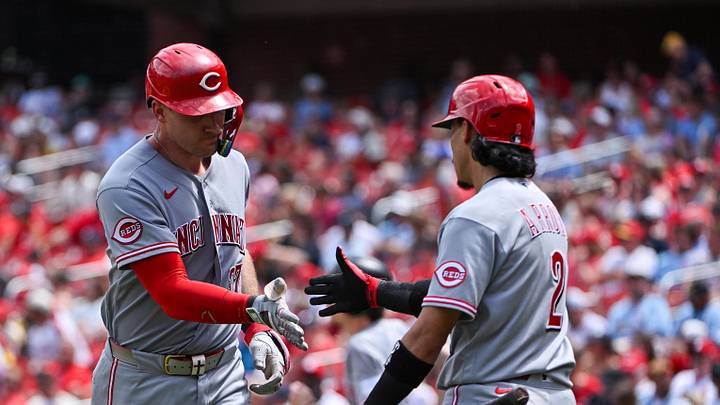 Jun 7, 2026; St. Louis, Missouri, USA; Cincinnati Reds catcher Tyler Stephenson (37) celebrates with second baseman Edwin Arroyo (2) after hitting a solo home run against the St. Louis Cardinals during the third inning at Busch Stadium. Mandatory Credit: Jeff Curry-Imagn Images Jun 7, 2026; St. Louis, Missouri, USA; Cincinnati Reds catcher Tyler Stephenson (37) celebrates with second baseman Edwin Arroyo (2) after hitting a solo home run against the St. Louis Cardinals during the third inning at Busch Stadium. Mandatory Credit: Jeff Curry-Imagn Images
