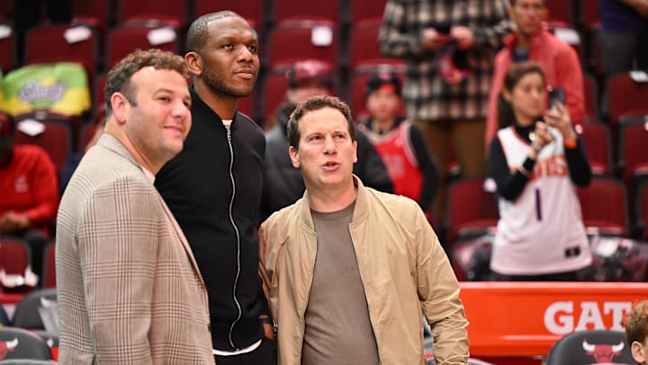 Nov 8, 2023; Chicago, Illinois, USA; Phoenix Suns general manager James Jones, center, and owner Matt Ishbia, right, watch their team warms up before a game against the Chicago Bulls at United Center. Mandatory Credit: Jamie Sabau-Imagn Images