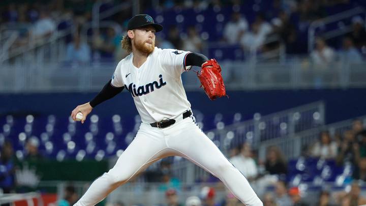 Jun 20, 2026; Miami, Florida, USA; Miami Marlins starting pitcher Max Meyer (23) throws against the San Francisco Giants during the first inning at loanDepot Park. Mandatory Credit: Rhona Wise-Imagn Images