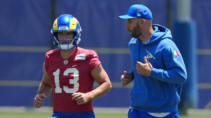 Jun 2, 2026; Woodland Hills, CA, USA; Los Angeles Rams quarterback Stetson Bennett IV (13) and quarterbacks coach Dave Ragone during organized team activities at Rams Practice Facility. Mandatory Credit: Kirby Lee-Imagn Images Jun 2, 2026; Woodland Hills, CA, USA; Los Angeles Rams quarterback Stetson Bennett IV (13) and quarterbacks coach Dave Ragone during organized team activities at Rams Practice Facility. Mandatory Credit: Kirby Lee-Imagn Images