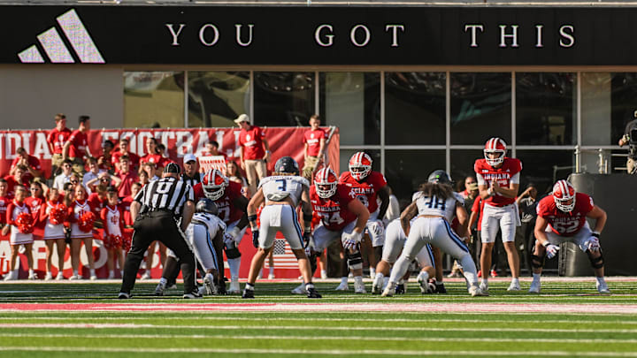 Aug 30, 2025; Bloomington, Indiana, USA; Indiana Hoosiers quarterback Fernando Mendoza (15) waits for the snap during the second half against the Old Dominion Monarchs at Memorial Stadium. Mandatory Credit: Robert Goddin-Imagn Images