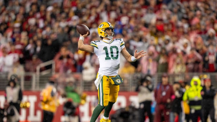 January 20, 2024; Santa Clara, CA, USA; Green Bay Packers quarterback Jordan Love (10) during the second quarter in a 2024 NFC divisional round game against the San Francisco 49ers at Levi's Stadium. Mandatory Credit: Kyle Terada-USA TODAY Sports