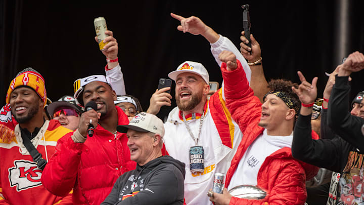 Feb 15, 2023; Kansas City, MO, USA; Kansas City Chiefs defensive tackle Chris Jones speaks next to