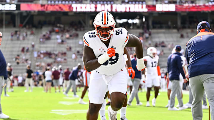 Sep 23, 2023; College Station, Texas, USA; Auburn Tigers defensive lineman Jayson Jones (99) warms