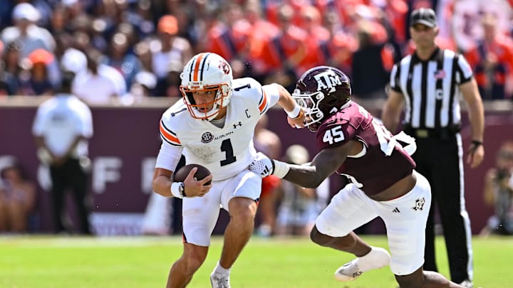 Sep 23, 2023; College Station, Texas, USA; Auburn Tigers quarterback Payton Thorne (1) runs the ball