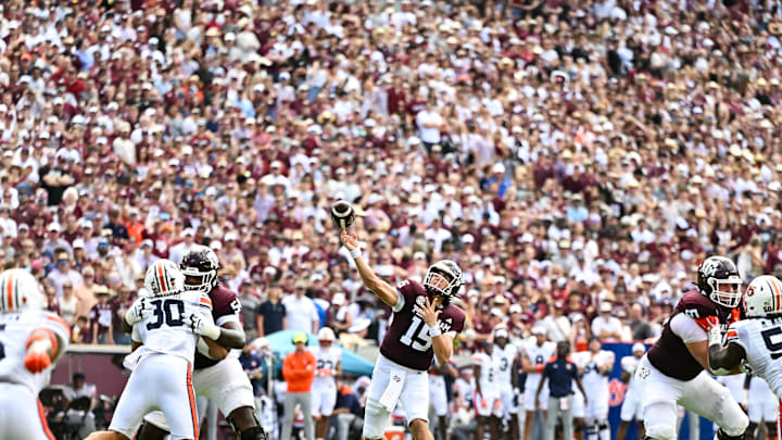 Sep 23, 2023; College Station, Texas, USA; Texas A&M Aggies quarterback Conner Weigman (15)