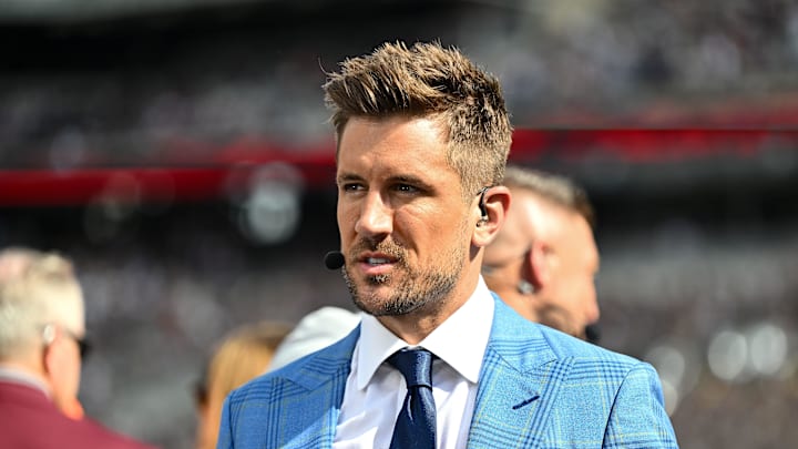 Sep 23, 2023; College Station, Texas, USA; SEC Nation Jordan Rodgers speaks on the sideline during pre-game between the Texas A&M Aggies and the Auburn Tigers at Kyle Field. Mandatory Credit: Maria Lysaker-USA TODAY Sports