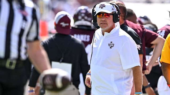 Sep 23, 2023; College Station, Texas, USA; Texas A&M Aggies head coach Jimbo Fisher looks on
