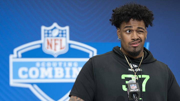 Mar 1, 2025; Indianapolis, IN, USA; Ohio State University offensive lineman Josh Simmons (OL37) answers questions at a press conference during the 2025 NFL Combine at Indiana Convention Center. Mandatory Credit: Jacob Musselman-Imagn Images
