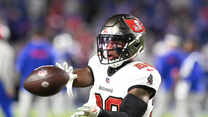 Oct 26, 2023; Orchard Park, New York, USA; Tampa Bay Buccaneers safety Christian Izien (29) warms up before a game against the Buffalo Bills at Highmark Stadium. Mandatory Credit: Mark Konezny-Imagn Images