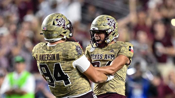 Oct 3, 2026; College Station, Texas, USA; Texas A&M Aggies place kicker David Olano (24) celebrates after kicking a field goal during the second quarter against the Arkansas Razorbacks at Kyle Field. Mandatory Credit: Maria Lysaker-Imagn Images Oct 3, 2026; College Station, Texas, USA; Texas A&M Aggies place kicker David Olano (24) celebrates after kicking a field goal during the second quarter against the Arkansas Razorbacks at Kyle Field. Mandatory Credit: Maria Lysaker-Imagn Images