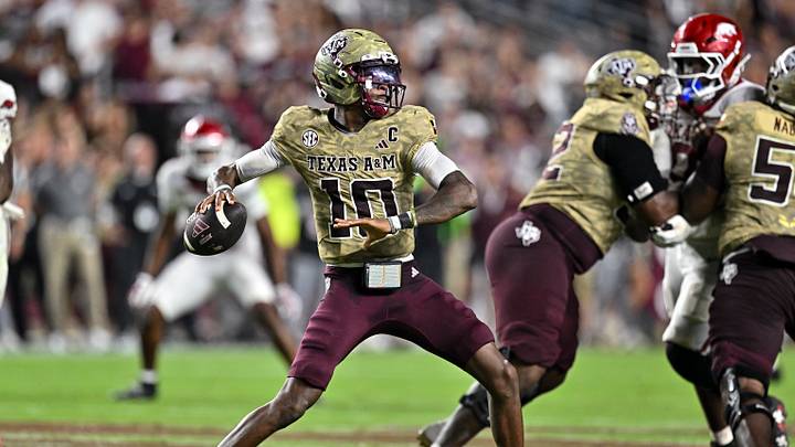 Oct 3, 2026; College Station, Texas, USA; Texas A&M Aggies quarterback Marcel Reed (10) looks to pass the ball during the third quarter against the Arkansas Razorbacks at Kyle Field. Mandatory Credit: Maria Lysaker-Imagn Images Oct 3, 2026; College Station, Texas, USA; Texas A&M Aggies quarterback Marcel Reed (10) looks to pass the ball during the third quarter against the Arkansas Razorbacks at Kyle Field. Mandatory Credit: Maria Lysaker-Imagn Images