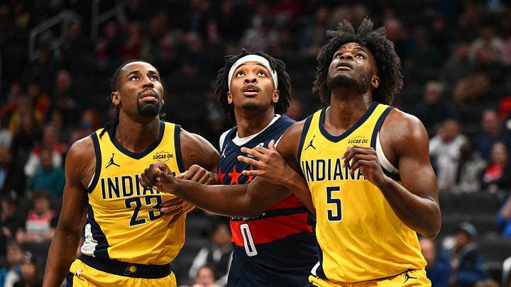 Feb 19, 2026; Washington, District of Columbia, USA; Indiana Pacers guard Aaron Nesmith (23) and Washington Wizards guard Bilal Coulibaly (0) and Indiana Pacers forward Jarace Walker (5) battle for a rebound during the first half at Capital One Arena. Mandatory Credit: Brad Mills-Imagn Images Feb 19, 2026; Washington, District of Columbia, USA; Indiana Pacers guard Aaron Nesmith (23) and Washington Wizards guard Bilal Coulibaly (0) and Indiana Pacers forward Jarace Walker (5) battle for a rebound during the first half at Capital One Arena. Mandatory Credit: Brad Mills-Imagn Images
