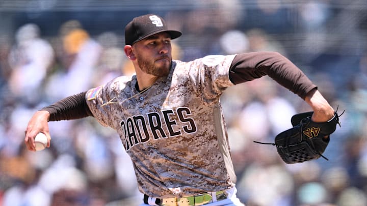 Jul 9, 2023; San Diego, California, USA; San Diego Padres starting pitcher Joe Musgrove (44) throws