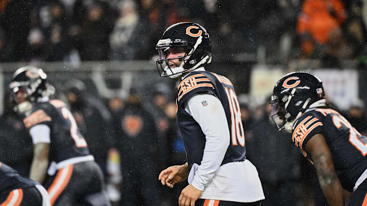 Jan 18, 2026; Chicago, IL, USA; Chicago Bears quarterback Caleb Williams (18) calls the snap count from shotgun formation against the Los Angeles Rams during the third quarter of an NFC Divisional Round game at Soldier Field. Mandatory Credit: Matt Marton-Imagn Images