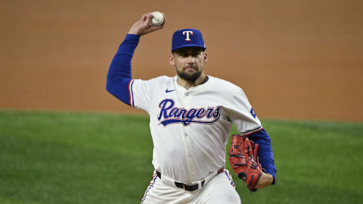 Sep 17, 2024; Arlington, Texas, USA; Texas Rangers starting pitcher Nathan Eovaldi (17) pitches against the Toronto Blue Jays during the first inning at Globe Life Field. 