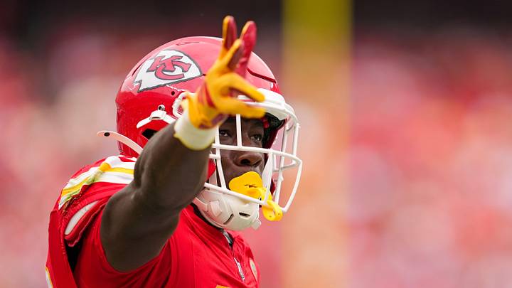 Aug 15, 2026; Kansas City, Missouri, USA; Kansas City Chiefs running back Emmett Johnson (10) celebrates after a first down during the first half against the Los Angeles Rams at at Arrowhead Stadium. Mandatory Credit: Jay Biggerstaff-Imagn Images